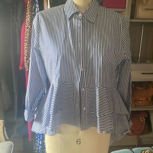 Blue and white striped Zara shirt with ruffle